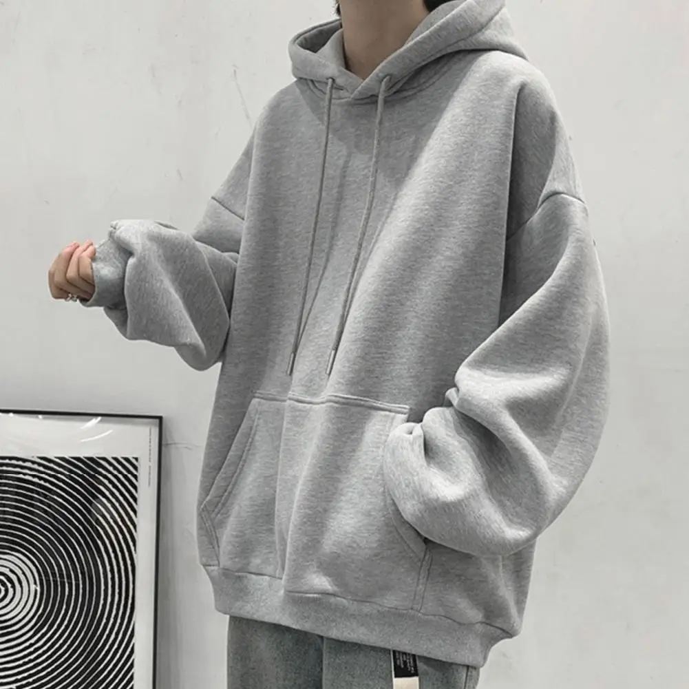 Men Fall Winter Hoodie Drawstring Pure Color Elastic Cuff Thick Plus Size Big Patch Pocket Hooded Loose Keep Warm Mid Length Spo