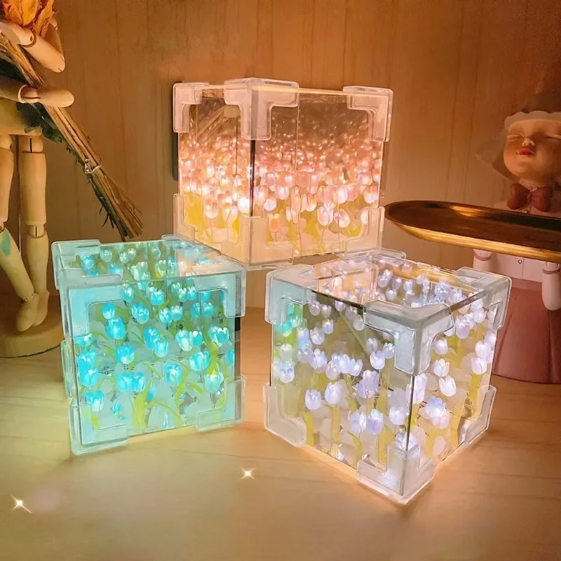 Creative DIY ดอกทิวลิปดอกไม้ Sea Cube สามมิติโคมไฟกลางคืนขนาดเล็กวัสดุสําหรับแฟนคู่อุปกรณ์เทศกาล