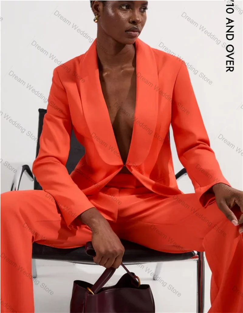 

Orange Women Suit Set 2 Pcs Blazer+Pants Spring Autumn Cotton Formal Office Lady Jacket One Button Customized Wedding Guest Coat