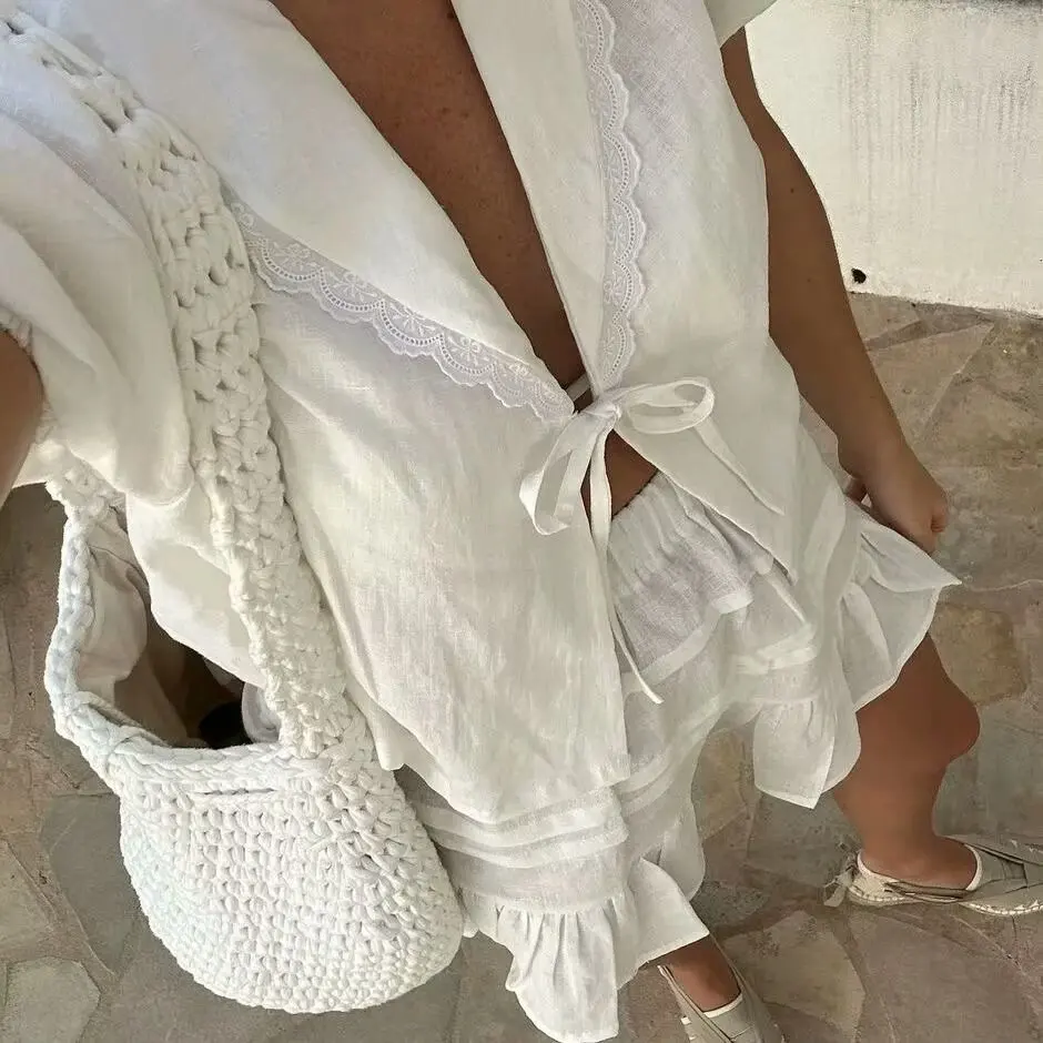 White Elegant 2 Piece Sets Women 2024 New V Neck Lace Patchwork Lace-up Blouse+Shorts Skirts Summer Casual Fashion Holiday Set