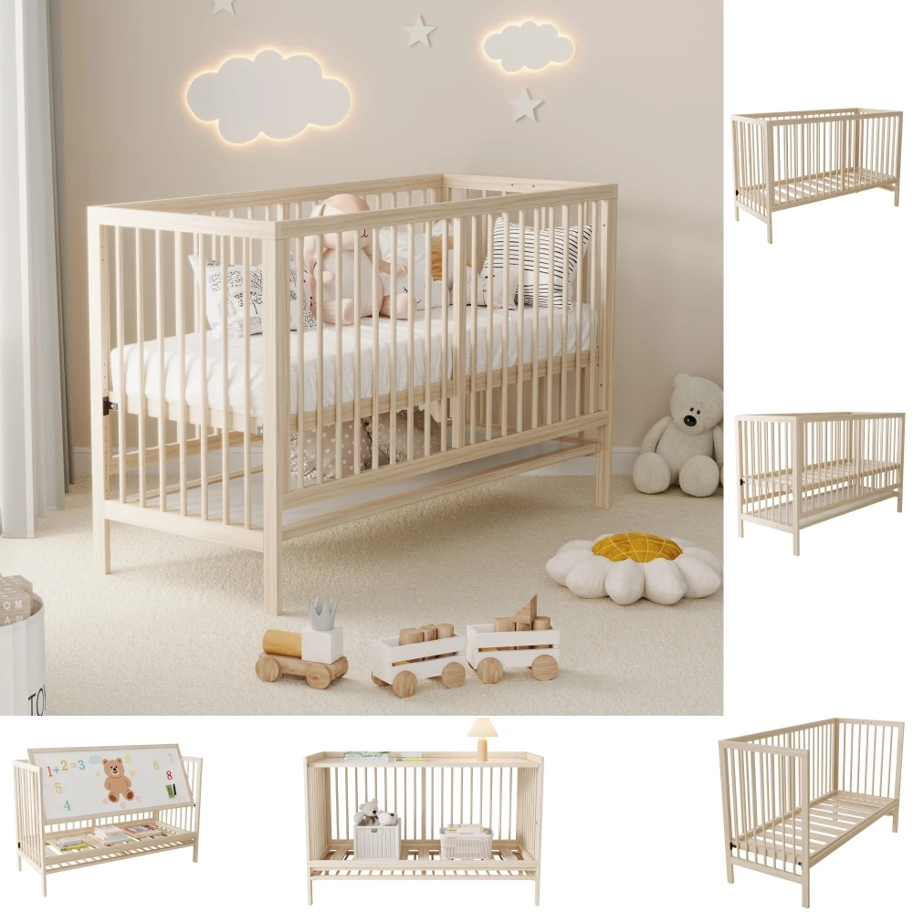 Wooden Baby Cot, 140x60x90cm, Convertible Into an Extra Bed Painting Board