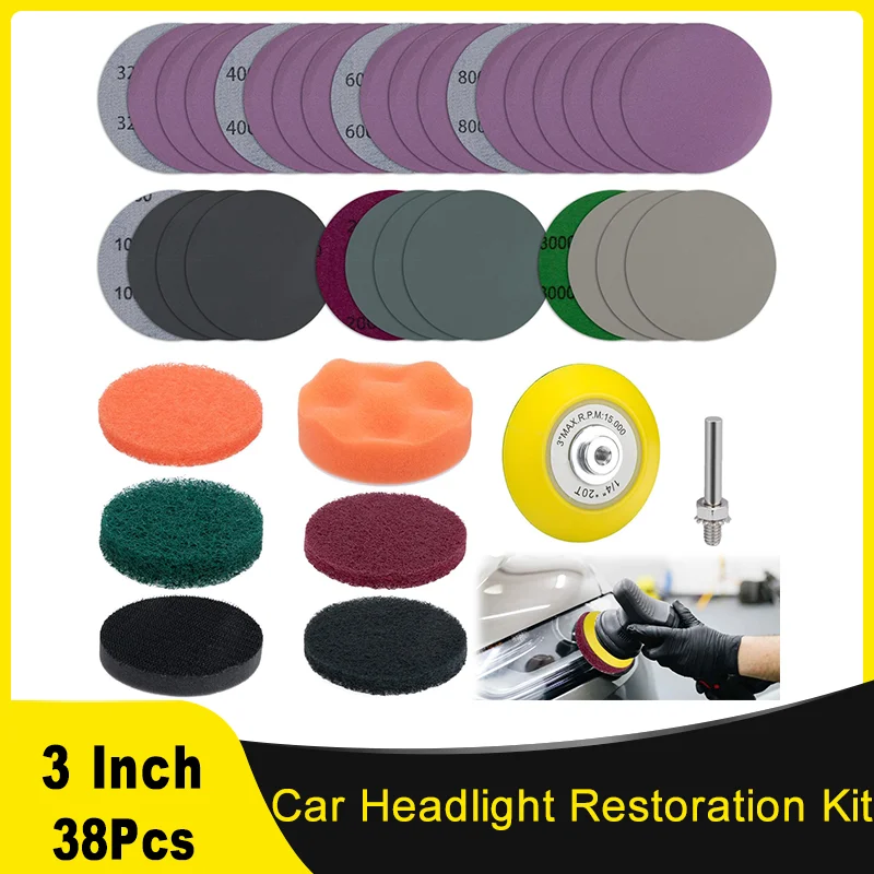 38 шт., комплект для ремонта автомобильных фар, 3-дюймовый набор для полировки с шлифовальным диском, скребковая подушечка, полировальная подушечка для сверления, применимо