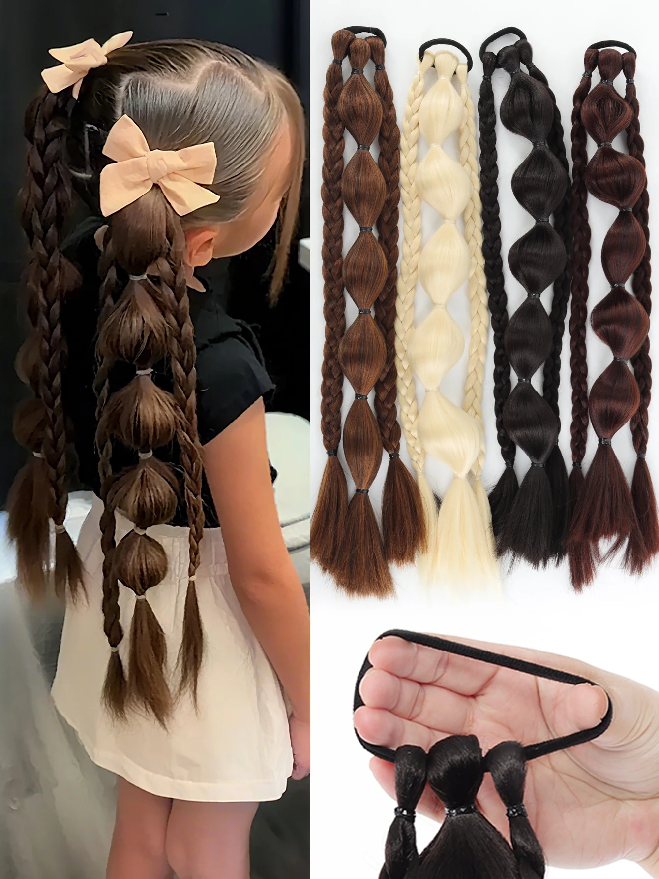 1 unidad de cola de caballo de burbuja de linterna de estilo chino sintético con lazo amarillo extraíble para niñas y niños, linterna trenzada dulce y larga Bo