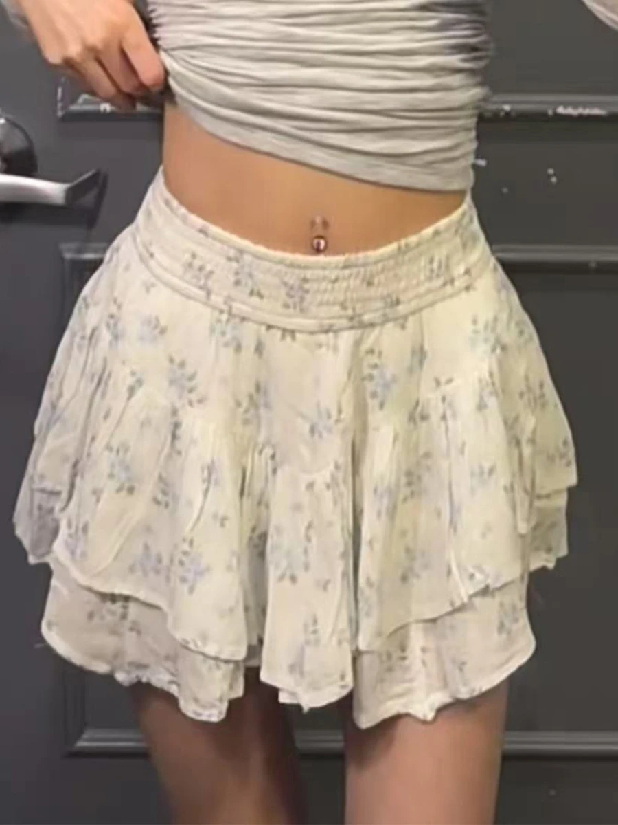 Minifalda escalonada con estampado Floral azul para mujer, Faldas acampanadas con volantes y cintura alta elástica, Faldas cortas informales dulces a la moda, novedad