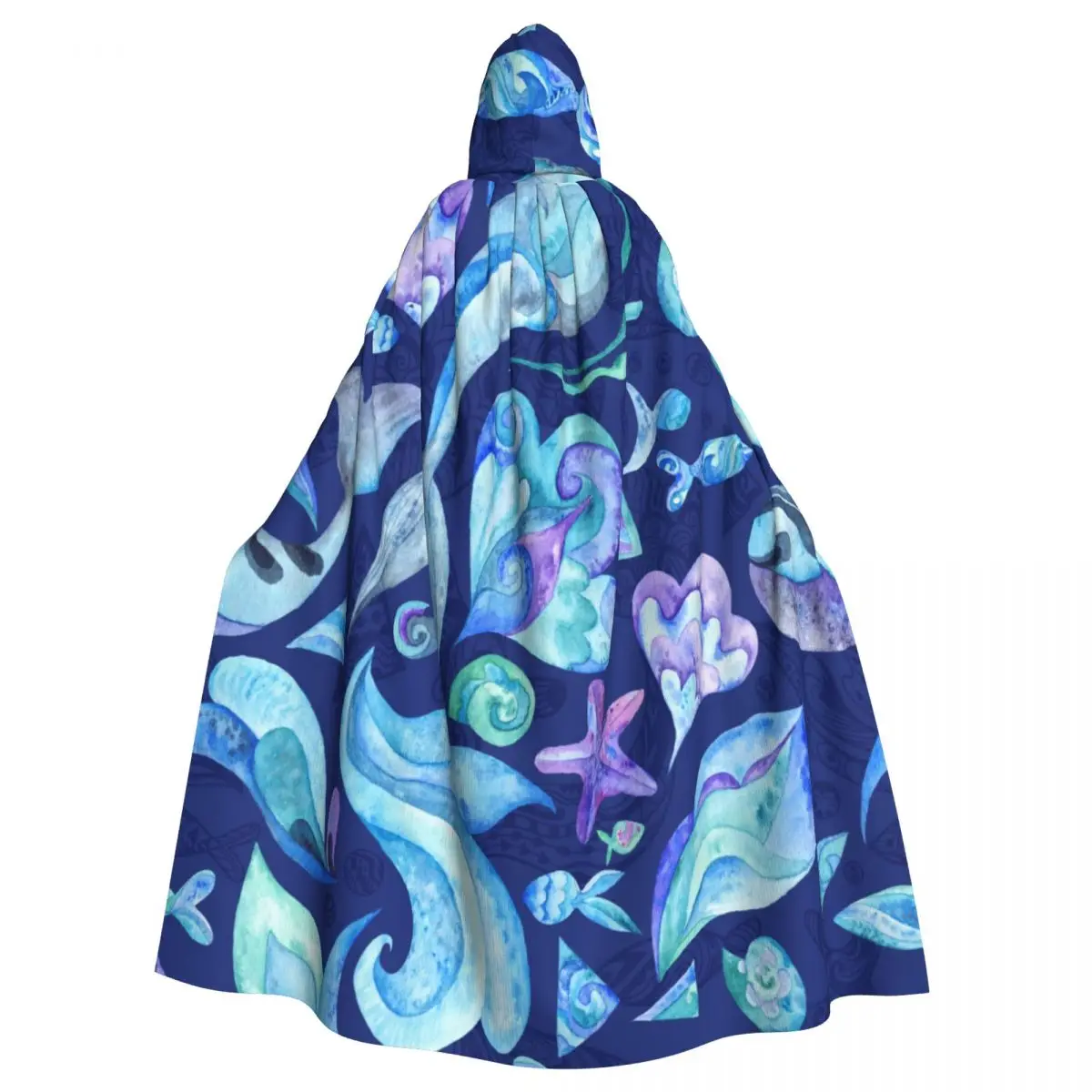 

Unisex Witch Party Reversible Hooded Adult Vampires Cape Cloak Nautical Underwater Fishes Whales Starfishes Shells And Waves