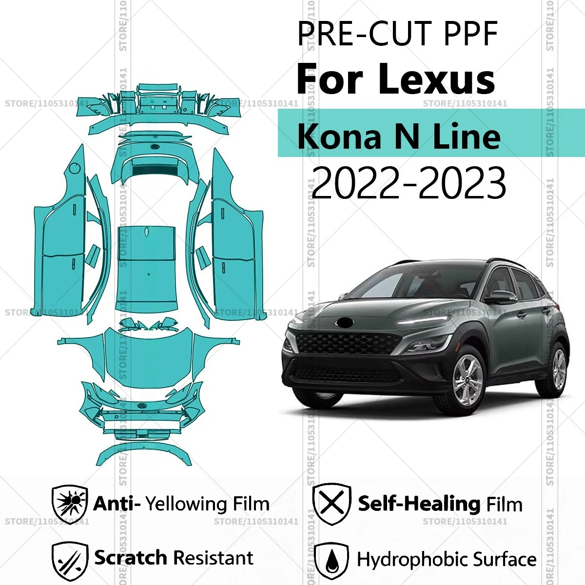 

Предварительно нарезанная защитная пленка PPF, прозрачная автомобильная пленка, профессиональная автомобильная пленка PPF для Hyundai Kona N Line 2022-2023