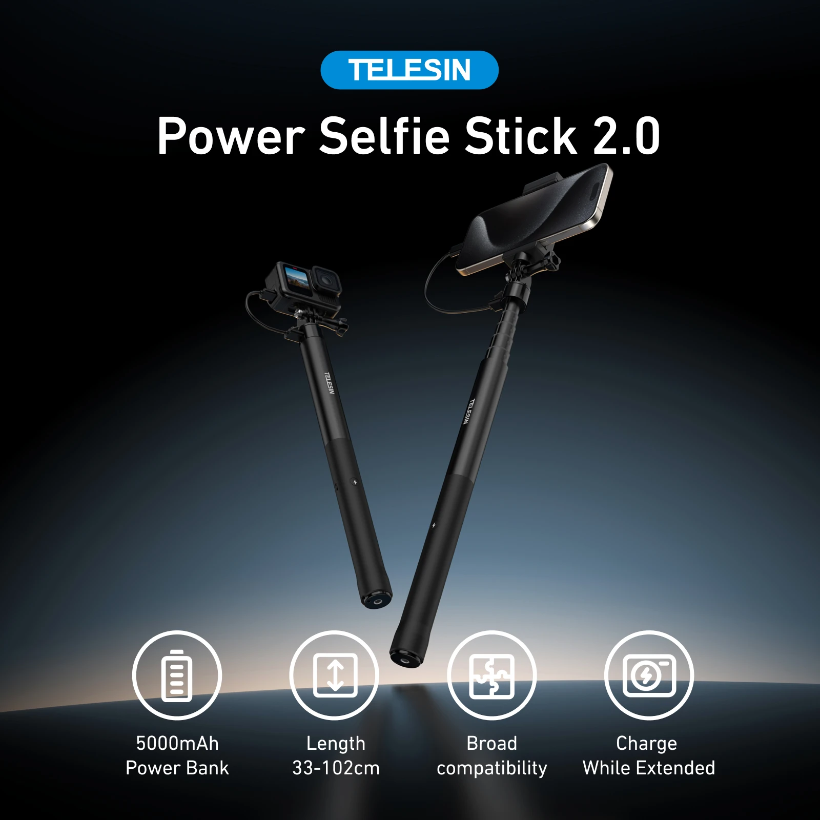 2025 TELESIN Selfie Stick 5000mAH Fast Charging Power 102CM Telescoping Selfie Pole with 1/4 Inch Screw For Insta360 and Phone