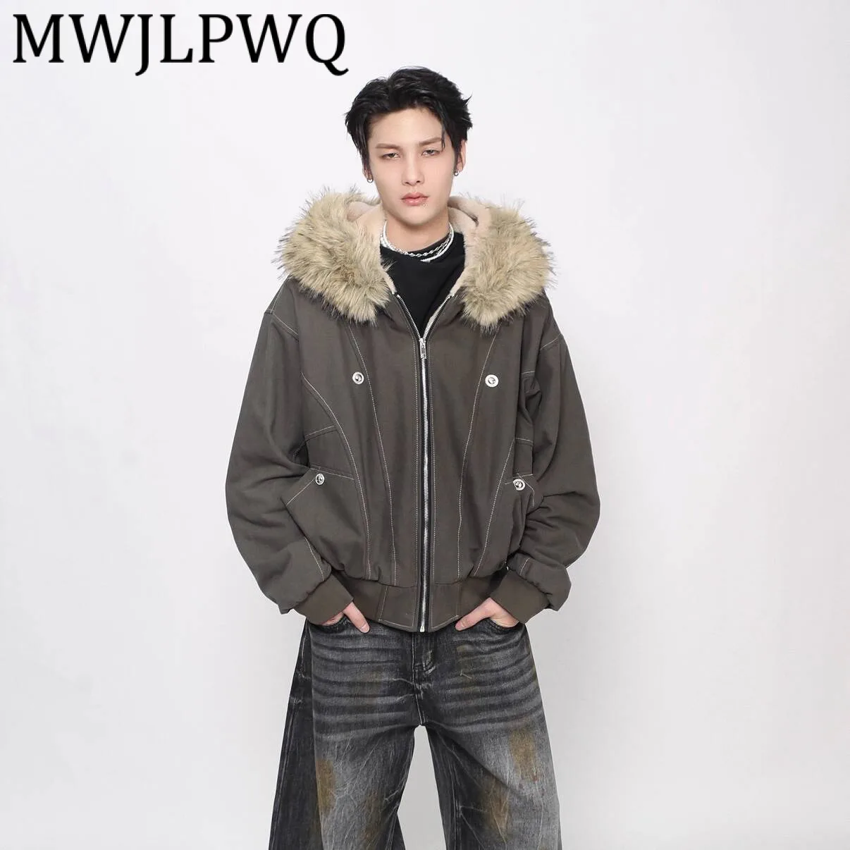 

MWJLPWQ American Deconstructed Fur Collar Hooded Cotton Coat For Men Metal Long Sleeve Fashion Winter Short Couple Tops 21700