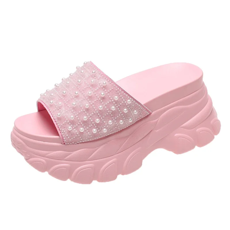 

Women Summer Chunky Sandals Platform Pearl Slippers High Heels Ladies Hollow Out Slides Beach Flip-Flop Woman Sandalias De Mujer