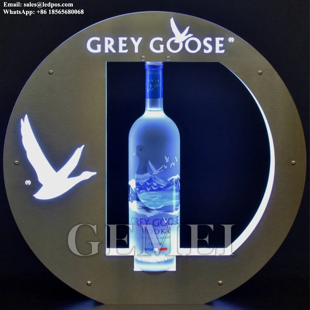 GEMEI Silver Stainless Steel Chrome Finish Color Laser Cutting Logo Grey Goose Belvedere Ciroc Vodka Bottle Presenter Glorifier