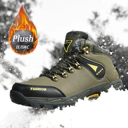 Mens Climbing Boots Upper Waterproof Leather Shoes Man Trekking Warm Snow Boot Winter Plush High Quality Non-Slip Sneakers 39-47