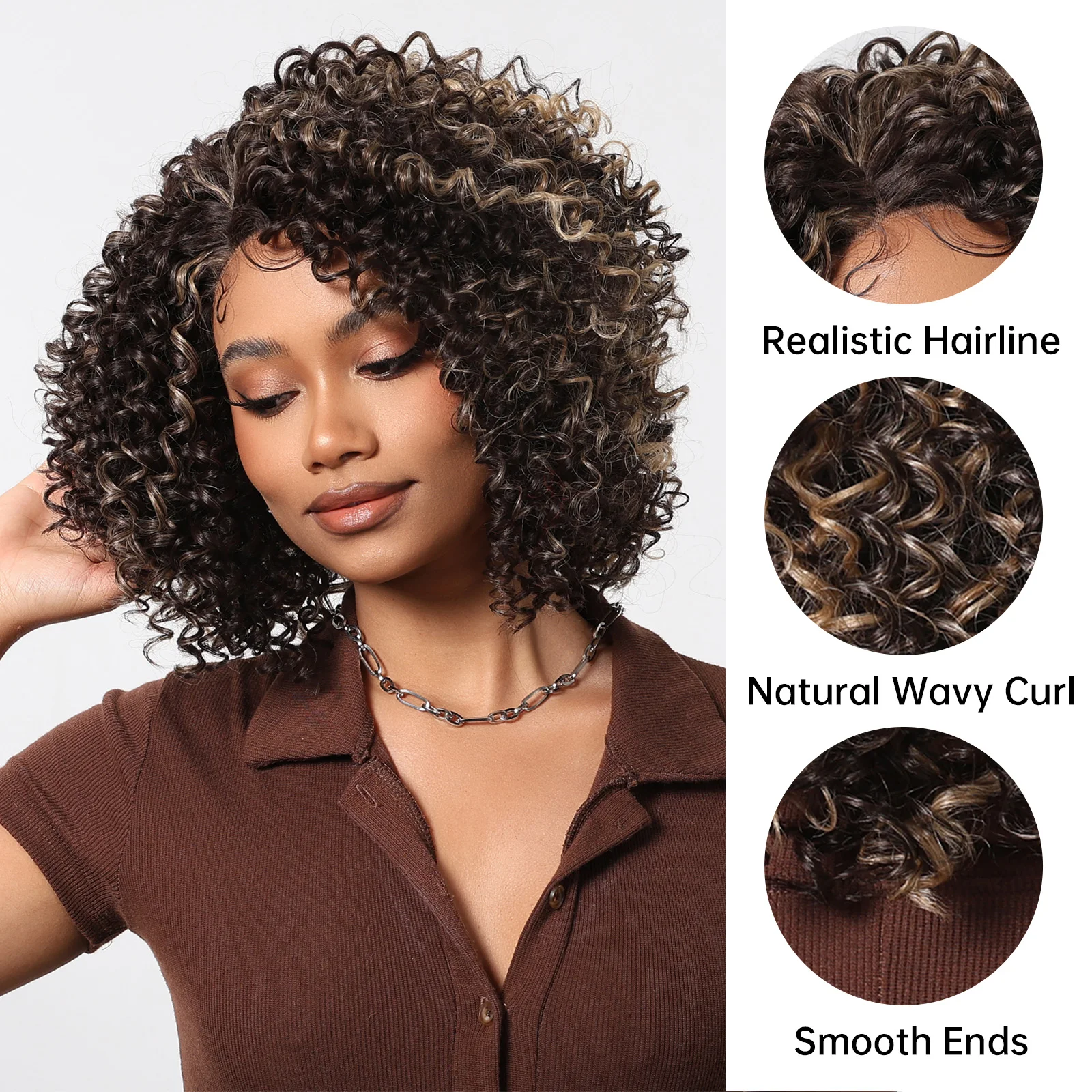 Afro Kinky Curly Lace Frontal Synthetic Wigs Natural Black Highlight Blonde Wigs Short Curly Bomb Wig Full Hair for Women Brazil