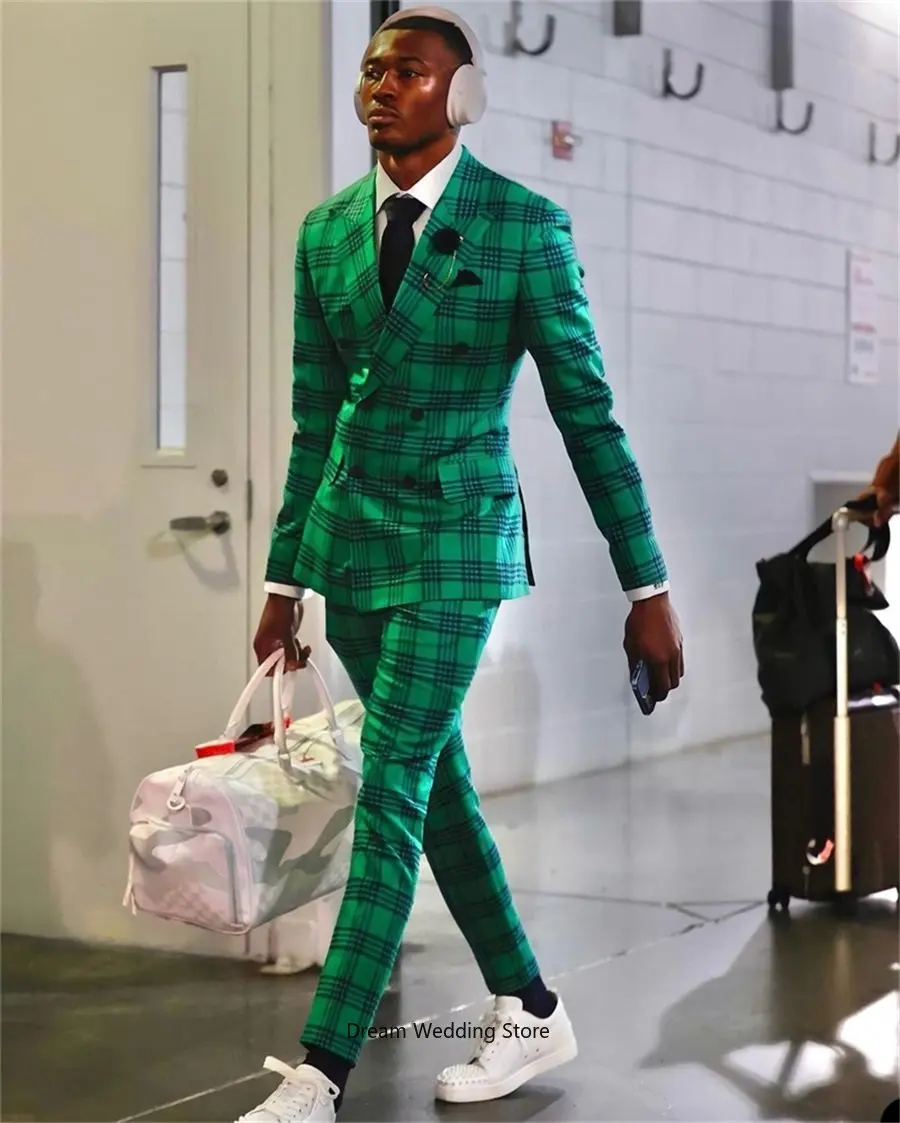 Trajes de hombre a cuadros verdes para boda, traje Formal ajustado de 2 piezas (Blazer + Pantalones), esmoquin de doble botonadura para baile de graduación y noche, hecho a medida