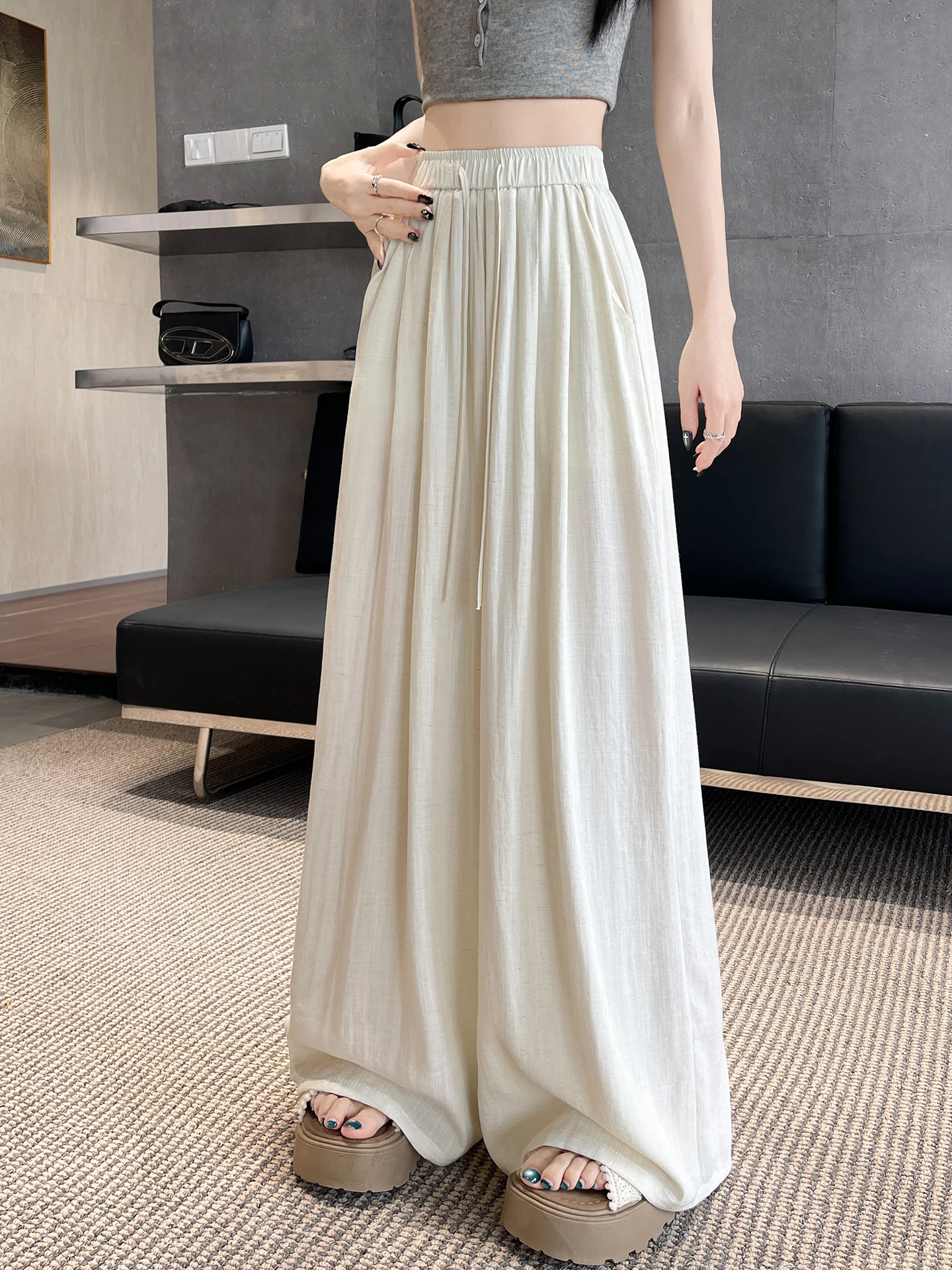 

Широкие брюки из льняной ткани Ice Silk для женщин: летние, тонкие, свободные, повседневные, прямые, в пол, струящиеся, в стиле юбки-абака