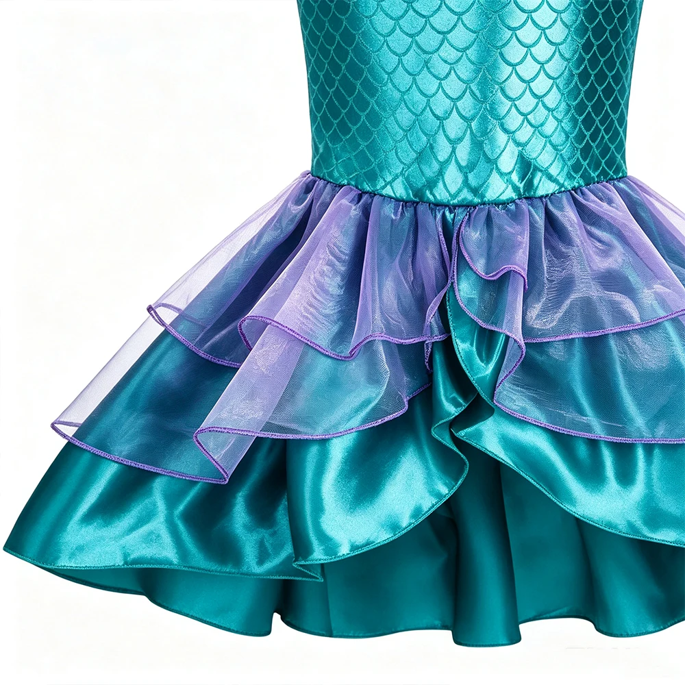 Lila Meerjungfrauen-Kostüm, ärmelloses langes Kleid mit Muschelkette und Krone für Mädchen, Halloween-Party, Cosplay, Sommer-Outfit – Detail 5