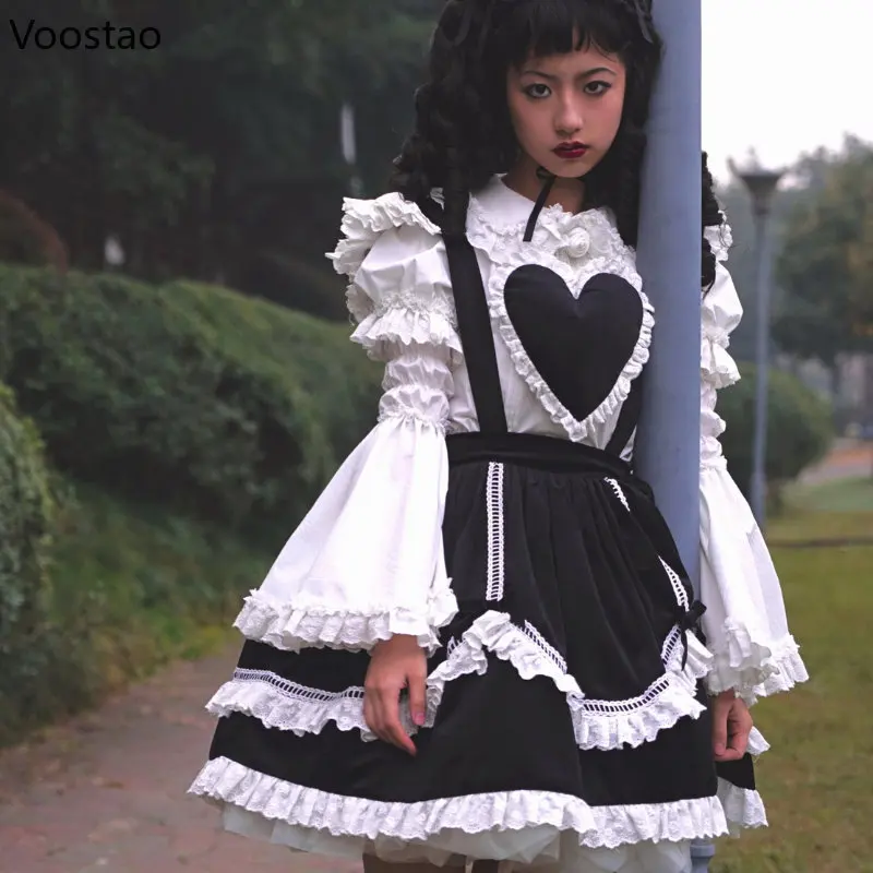 Vintage Victorian Kawaii Lolita Shirts Women Gothic Lace Ruffles Rose Peter Pan Collar Removable Long Sleeve Blouses Sweet Tops