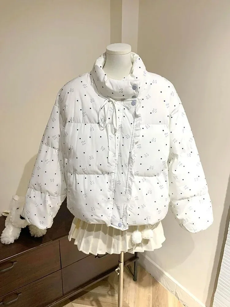 

Sweet Bow Women Parkas Winter Warm Print Kawaii Lace Patchwork Preppy Puffy Coats Stand Collar Casual Cute Long Sleeve Outwear