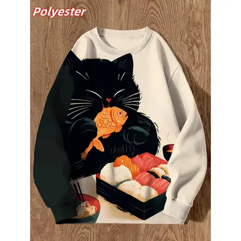 Cat Sushi Pattern Hoodie For Men Cute Animals 3D Printed Pullover Autumn Long Sleeve Loose Round Neck Hoodies Sweatshirt Tops