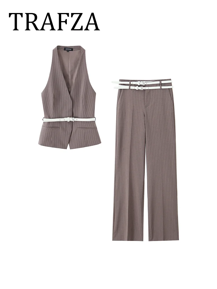 

TRAFZA Striped Vest Top Pant Sets For Women 2025 New 2 Pieces Outfit V-neck Waistcoat With Belted Straight Pant Suit Elegant