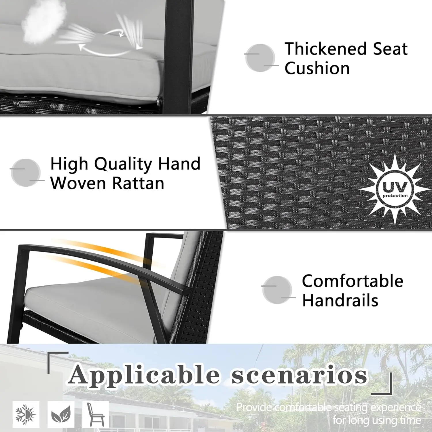 Outdoor 3 Piece Rocking Bistro Set, Wicker Patio Outdoor Furniture Porch Chairs Conversation Sets with Glass-Top Coffee Table fo