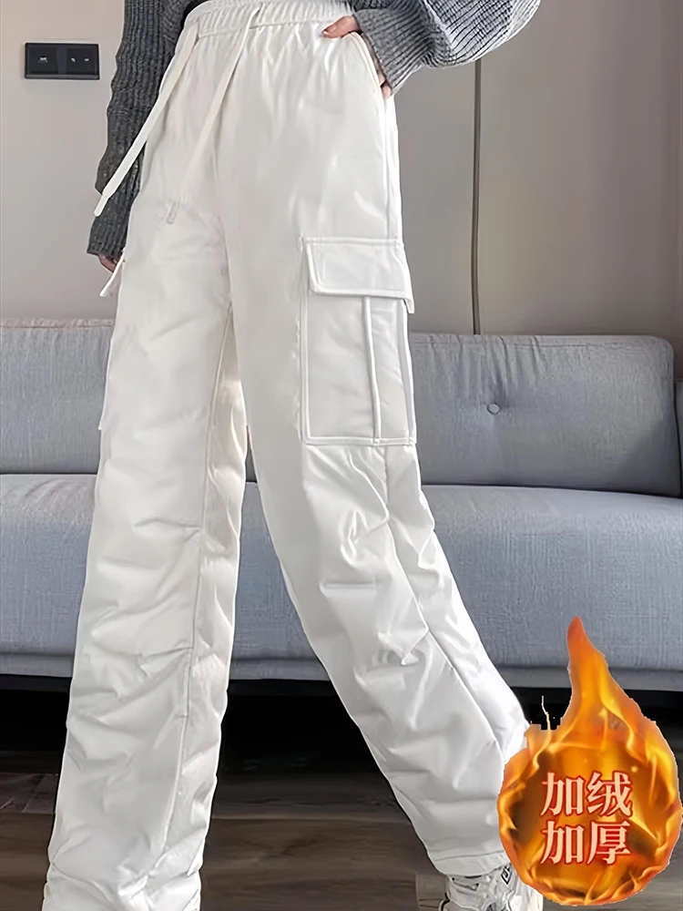 Warme Baumwollhose, Daunenhose, Damen 2025, Winter, neue dicke, übergroße, lockere, hohe Taille, gerades Bein, weites Bein