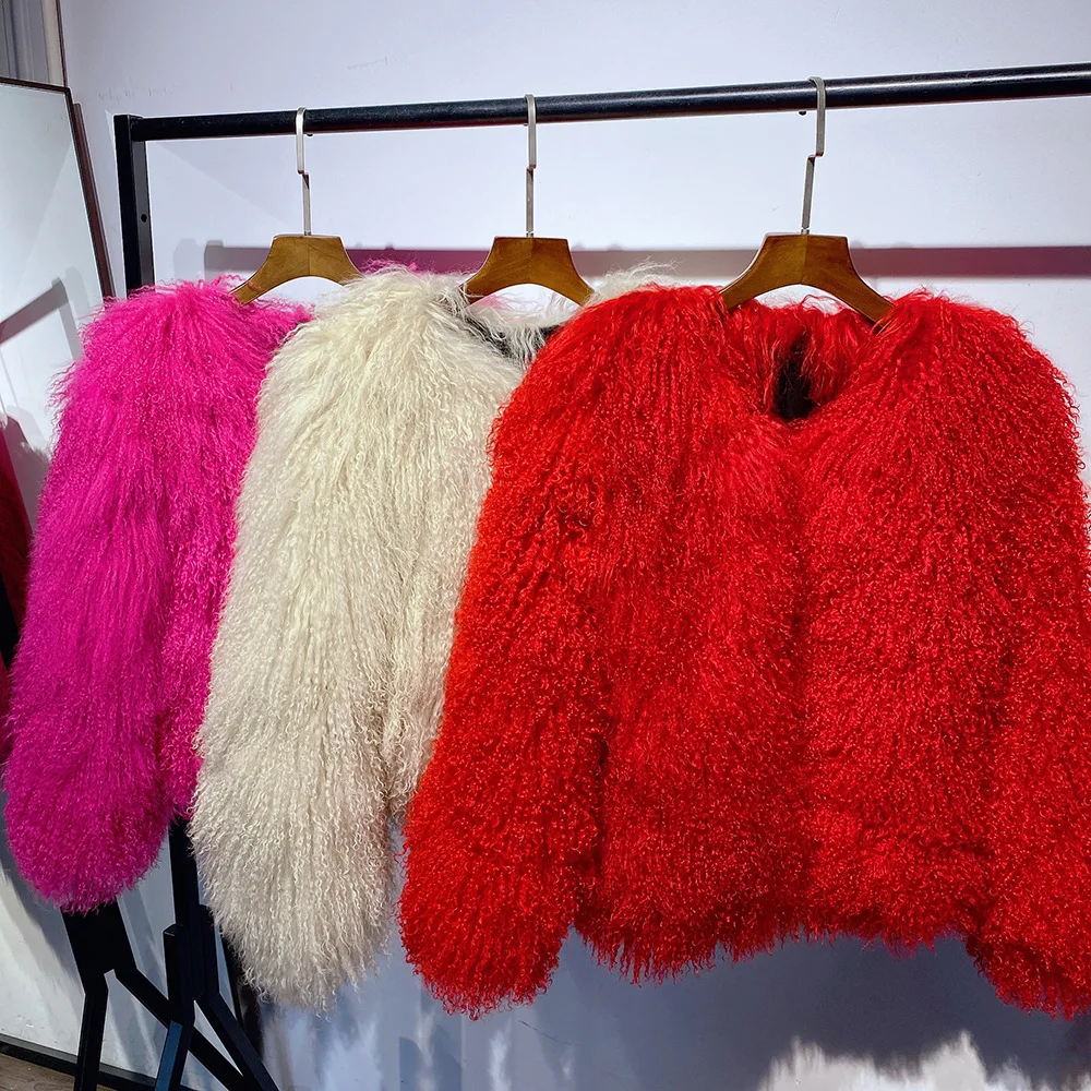 Plus Size Female Winter Warm Outerwear Mongolia Sheep Fur Jacket Women Real Fur Jacket