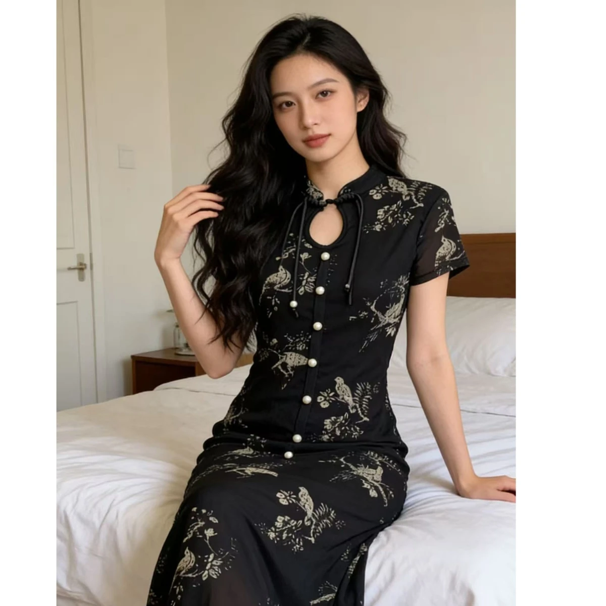 Elegant Young Women's  Dress High Waist A-Line Short Sleeve Casual Summer Fashionable Chinese Style Midi Dress