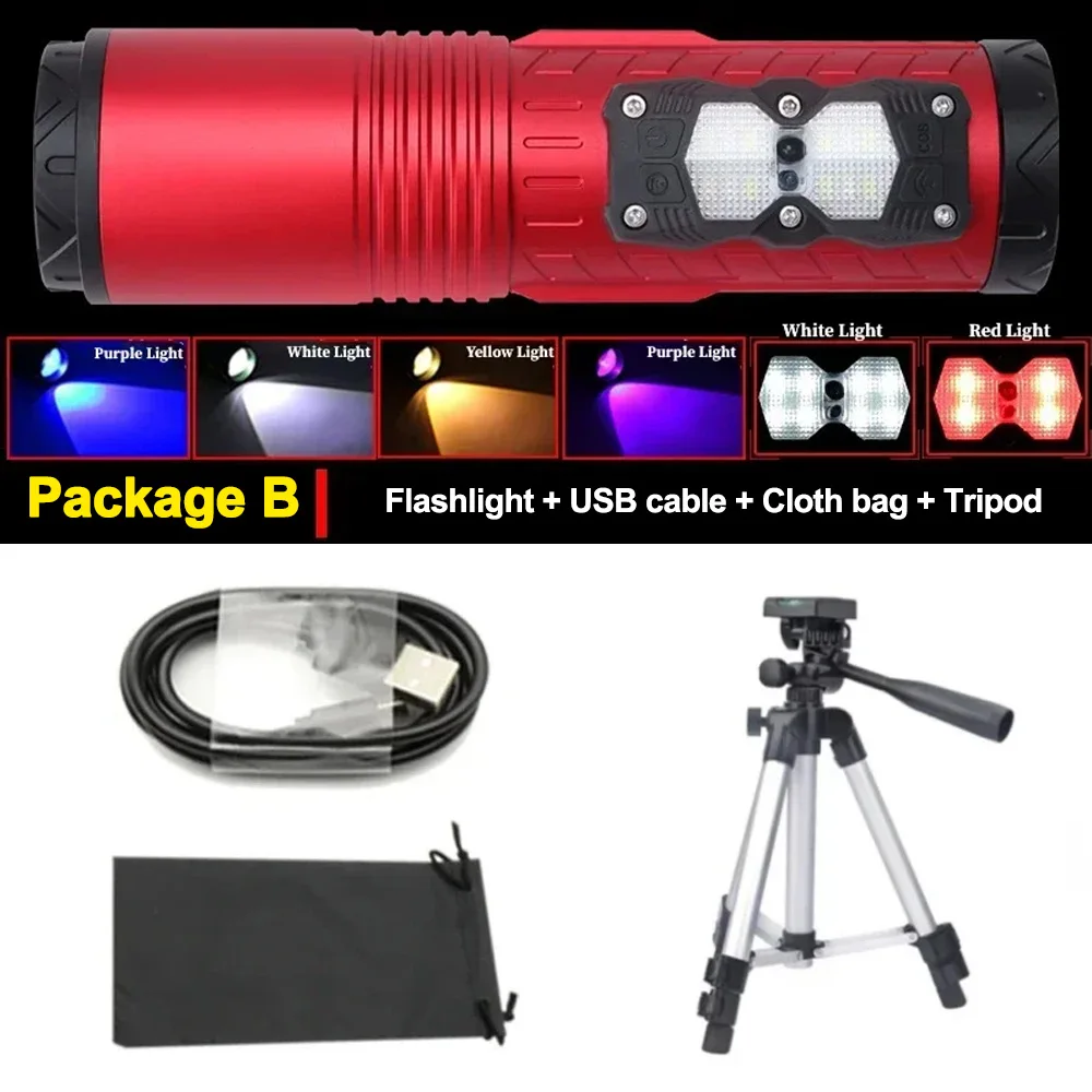 30W Super Bright Zoom Night Fishing Flashlight 5 Light Sources Blue UV White Yellow Red Light