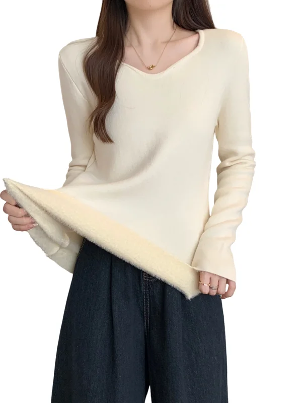 Damska dzianinowa bluzka plus size z podszewką z polaru, ocieplana, z długim rękawem, dekolt w serek, ciepła, z wysokim stanem, w stylu koreańskim, dopasowana.