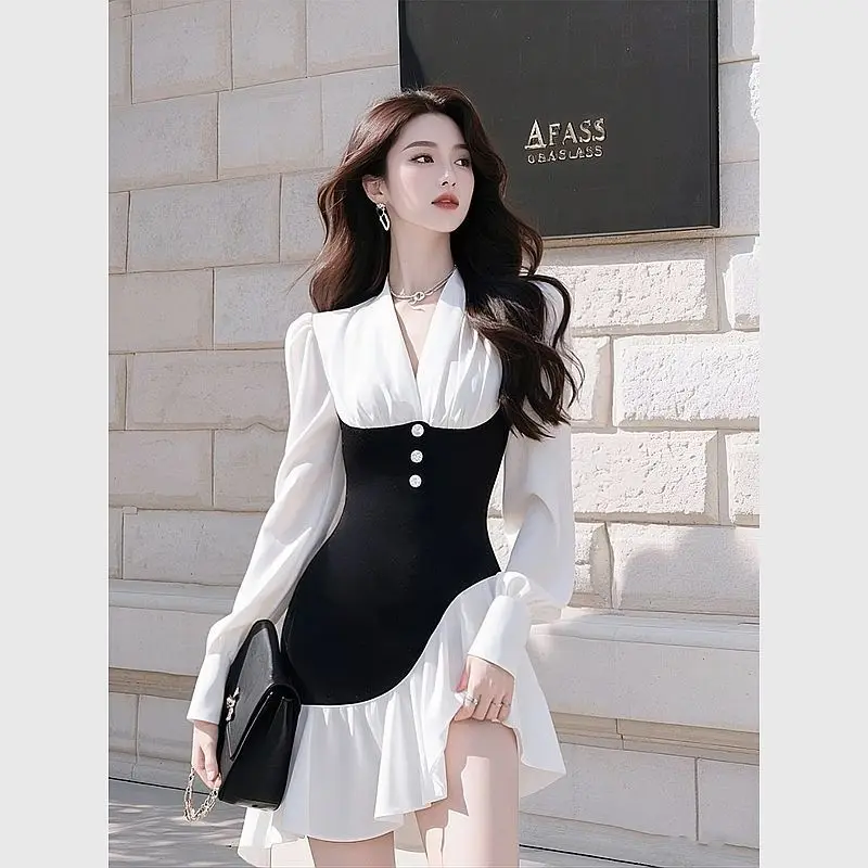 

Women's Elegant Lapel Puff Sleeve Color Block Irregular Shirt Dress Spring Autumn New French Waist Tie Ruffle Skirt