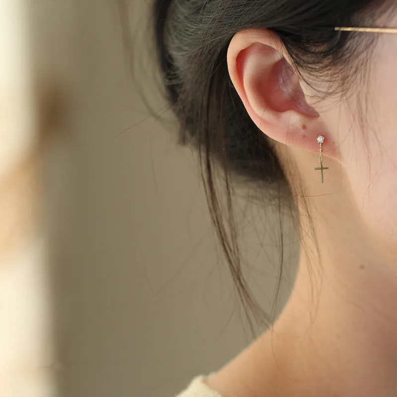 أقراط مرصعة بالفضة S925 للنساء ، ذهب 14 قيراط ، طراز كوري ، شرابة متقاطعة ، عصرية ورائعة ، مجوهرات للطلاب #3