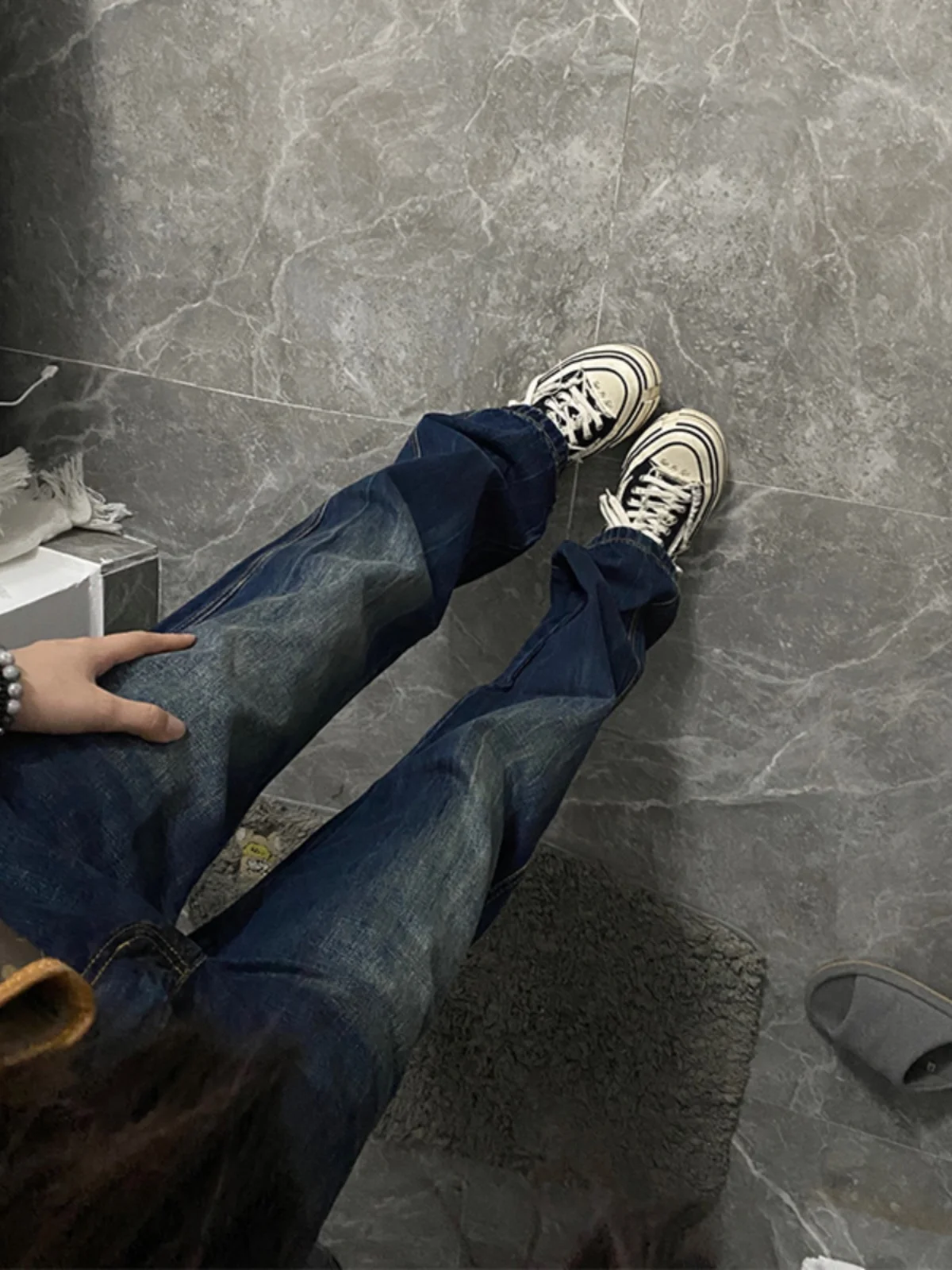

Slim Fit Straight Leg Jeans Men's Lightly Spiced Blue Summer Thin American High Street Style Casual Jeans Youth Popular