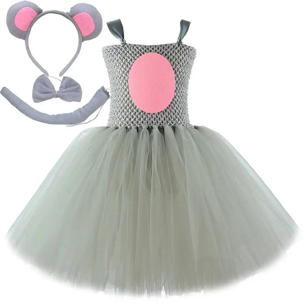 Baby Girls Grey Mouse Costumes for Kids Gray Rat Princess Dresses with Ears Bow Tie Tail Children Halloween Birthday Tutu Outfit