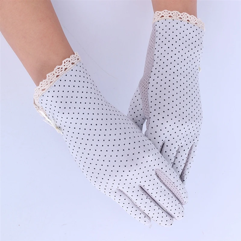 Women Sun Protection Fashion Wrist Gloves Driving UV Protection Non-Slip Gloves Polka Dot Cotton Lace Edge Touch Screen Ladies