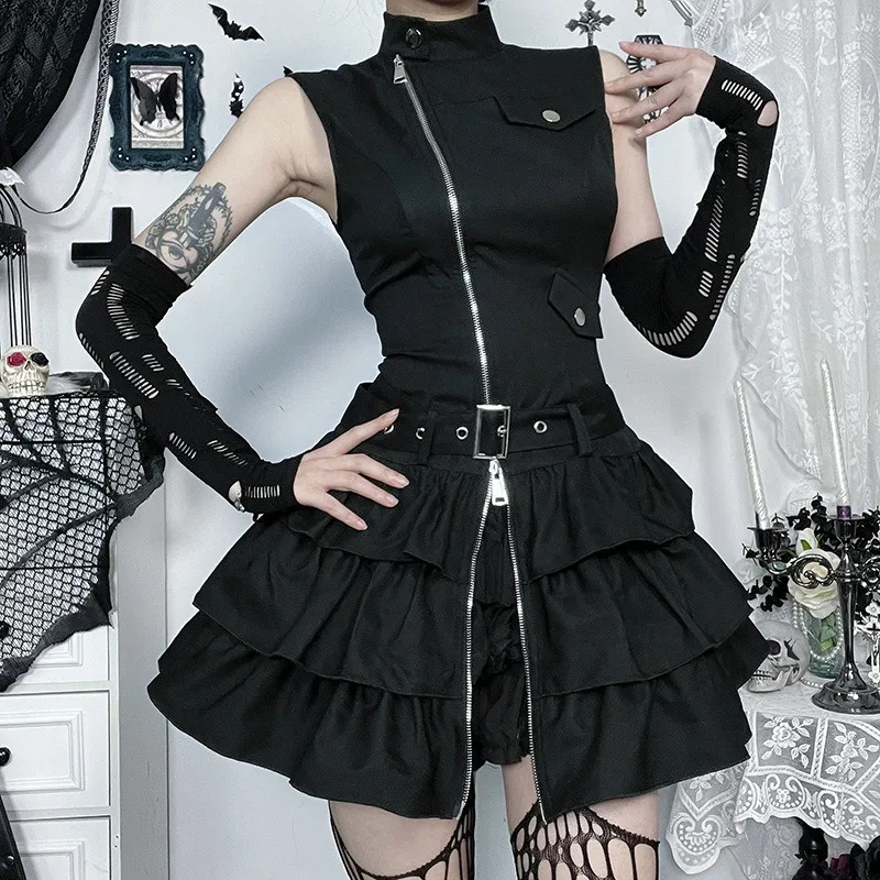 Kimutomo Y2kแขนกุดPunkผู้หญิงVINTAGE Harajukuคอซิปมินิเดรสฤดูร้อนRuffled Grunge Gothic PARTY