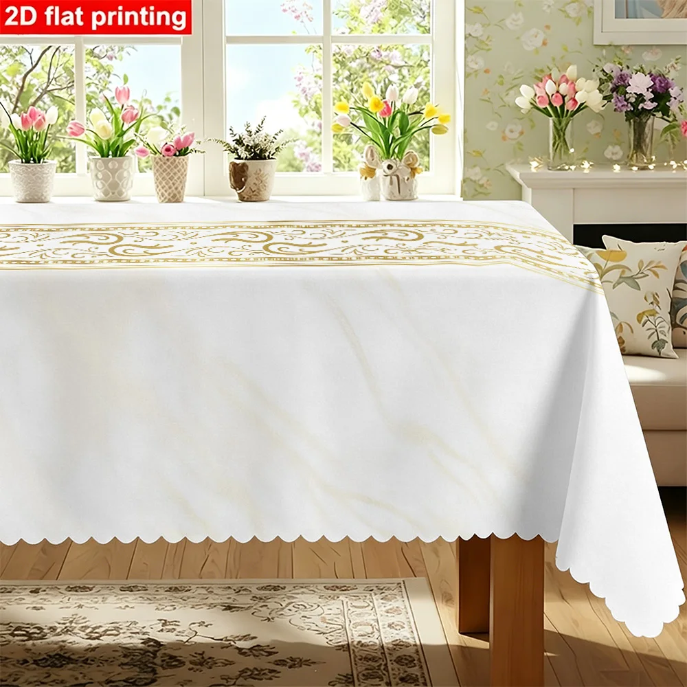 1PC Rectangular table runner printed with gold swirl vine pattern on white marble texture, made of durable polyester fabric, sui