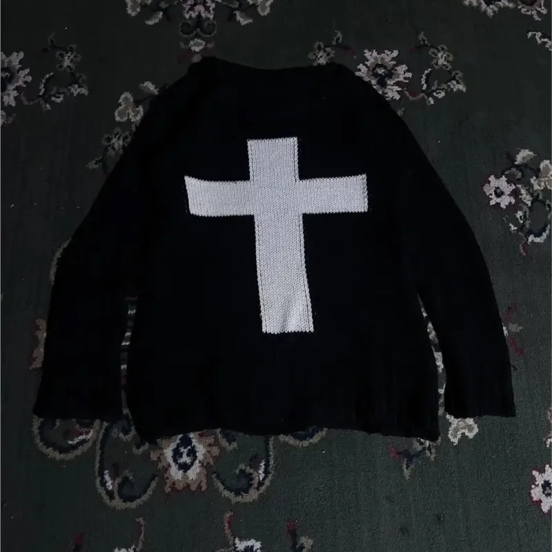 High Street Y2k Damen Pullover Punk Goth Cross Knit Übergroßer Vintage Langarm Pullover Pullover Streetwear Fashion Kleidung