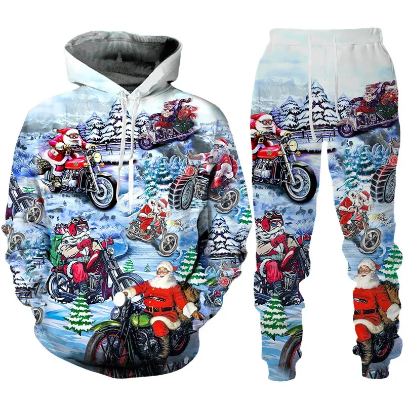 3D Print Men\'s Hoodie Sets Christmas Santa Claus Men Women Hooded Sweatshirt Pants 2Pcs Suits Oversized Pullover Couple Clothes