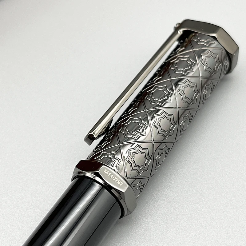 YAMALANG CT Ballpoint Pen Santos-Dumont de Heptagon Black Barrel Snow Flower Pattern Luxury Silver Trim With Serial Number