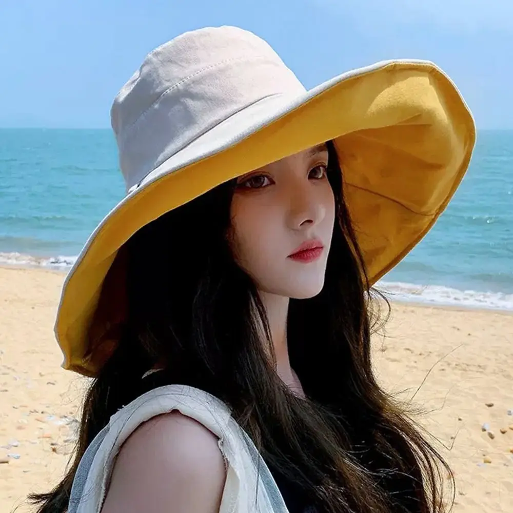 

Spring Summer Double-Sided Bucket Hat Big Brim Portable Sun Hat Foldable Beach Cap Women Men