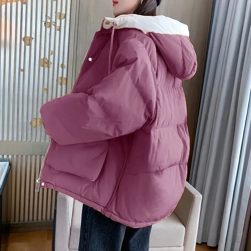 2024 Winter Korean Warm Female Puffer Coat Pocket Solid Parkas Padding Long Sleeve Thick New in Outerwears Hooded Women's Jacket