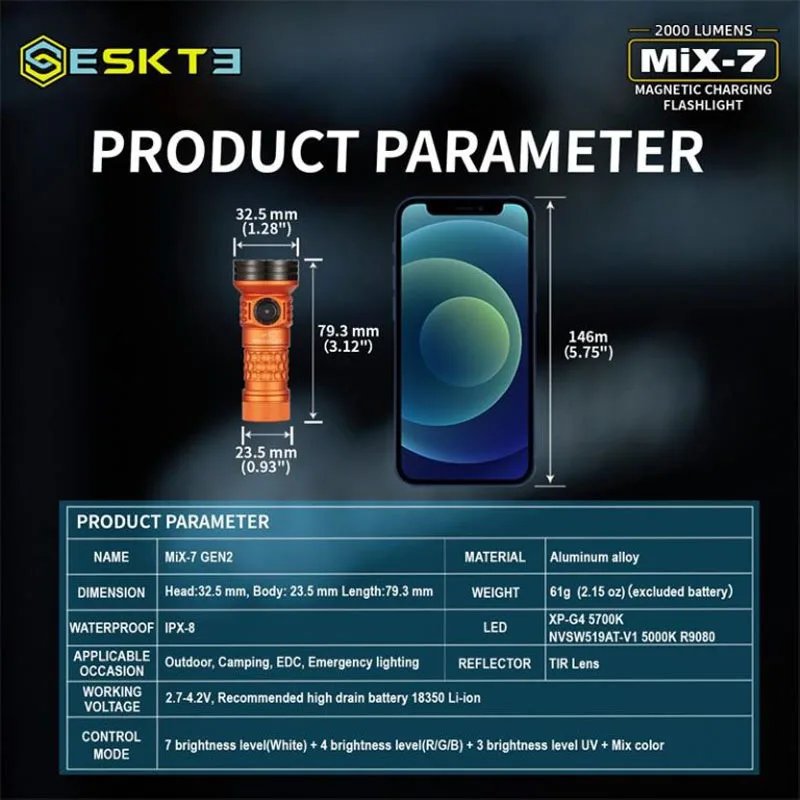 SKILHUNT-Lanterna LED de Carregamento Magnético, ESKTE, MiX-7 Gen 2, Multi-Color 2000 Lumens, 18350