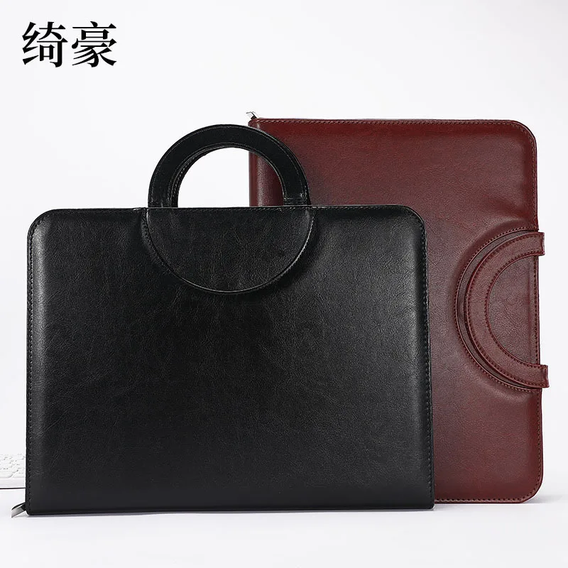 Multifunctional A4 PU Leather Zipper Portfolio Folder with Handle and Pockets Business Contract Organizer for Office Sales and