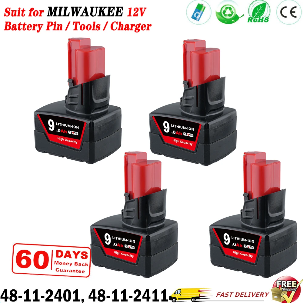 [1/2/4Pack]  9.0Ah M12 Replace for Milwaukee 12VOLT  48-11-2412 48-11-2402 48-11-2411 Cordless Power