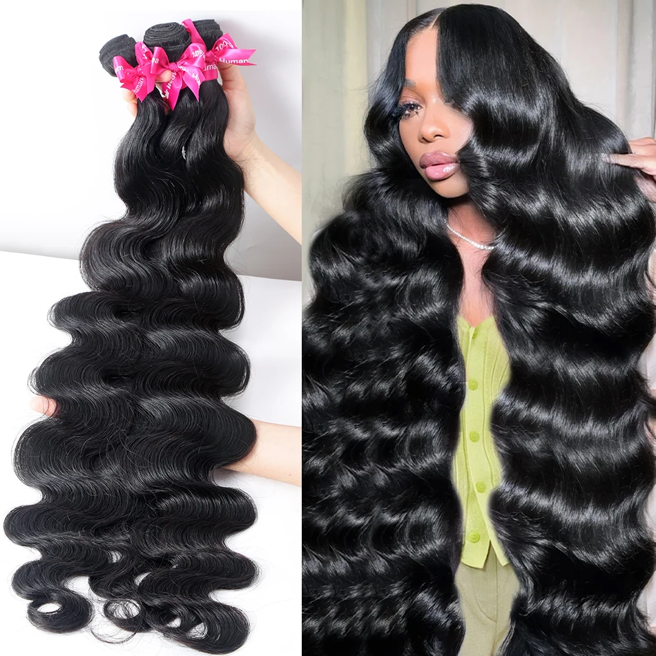 Luvin 3 4 Remy Body Wave Bundles Human Hair 30 32 40 Inch Brazilian Hair Weave Natural Double Drawn Hair Extensions For Women