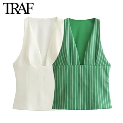 TRAF Women Fashion Summer Stripes Sleeveless Side Zip Slim Top Blouse Street Clothing Vest Tank Chic Ladies Crop Tops Mujer