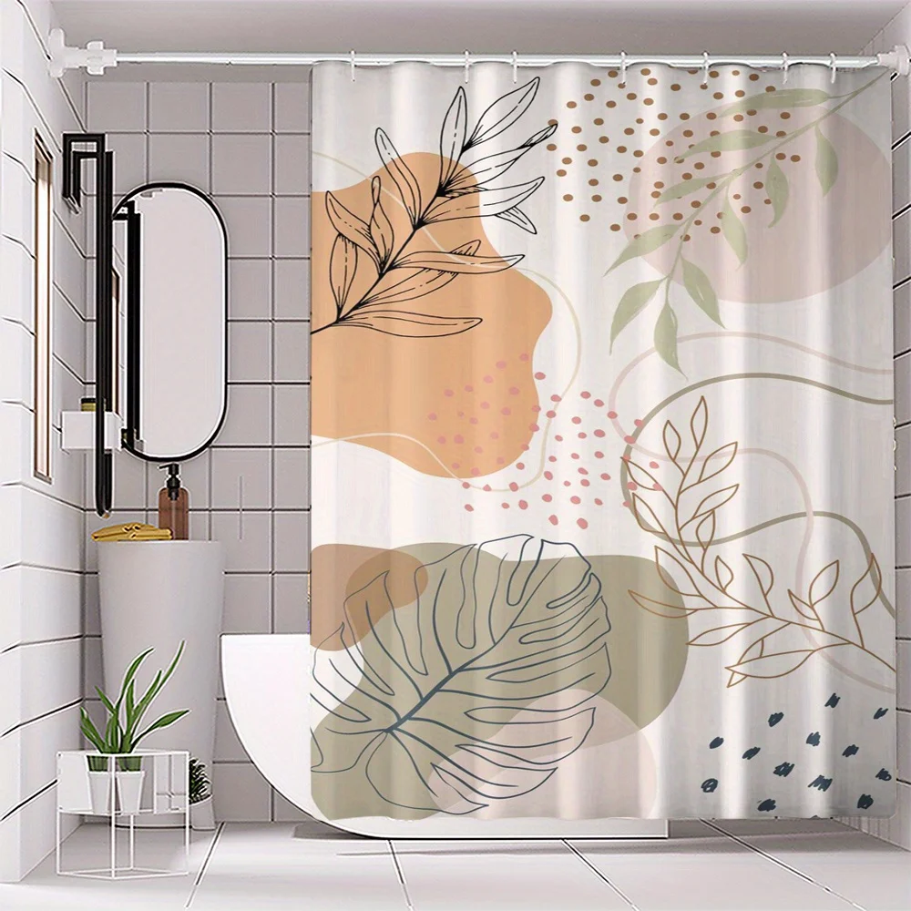 

1pc Simple Plant Leaf Print Shower Curtain Polyester Waterproof Punch-Free Partition Door Curtain