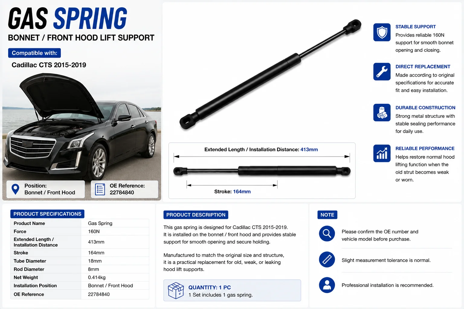 Gasdruckfeder für Cadillac CTS 2015-2019 Motorhauben-Hebehilfe 22784840 160N – Detail 1