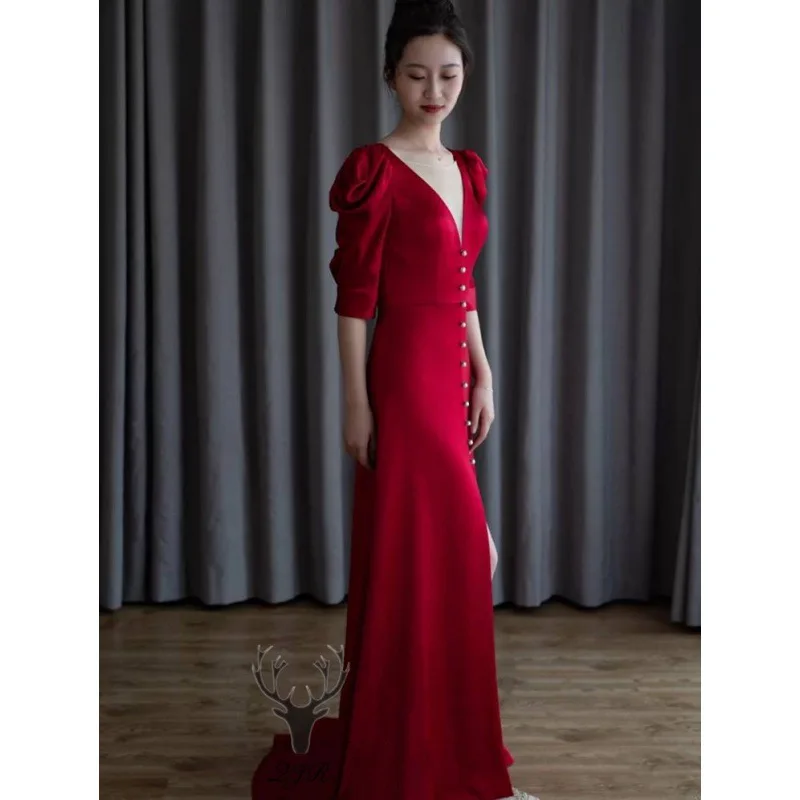 

Korean-style Satin Light Wedding Dress Studio Photo Theme OutfitVFormal Toasting Outfit2023New Simple Tail Dress