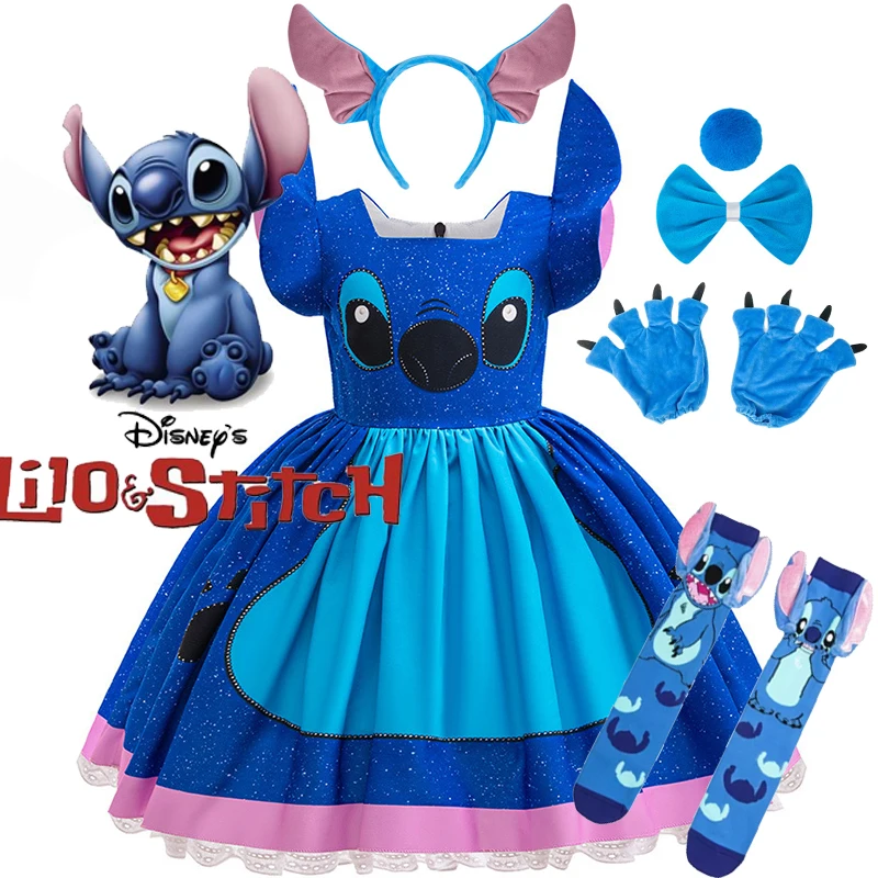

Kids Girls Princess Dress Cartoon Stitch Disney Movie Role Play Costume Stage Performance Halloween Carnival Children Dress Up